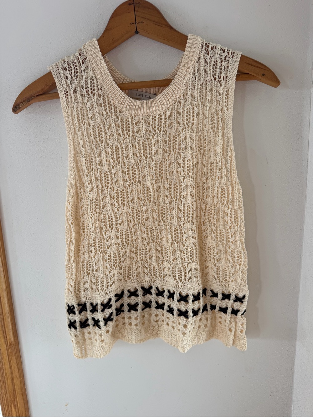 Love Tree Cream Crochet Tank Top with Black Hem Detail